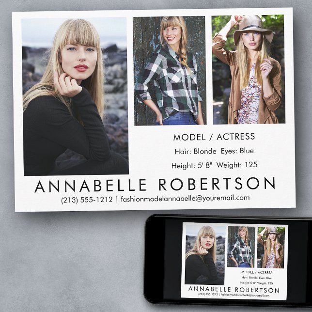 Modern Model Actor 3 Photos Comp Card (Customize to change background color, text size, style or to add more photos to back of card.)