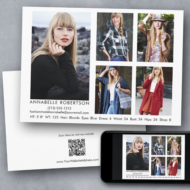 Modern Model Actor 5 Photo QR Code Back Comp Card (Customize to change background color, text size, style or to add more photos to back of card.)