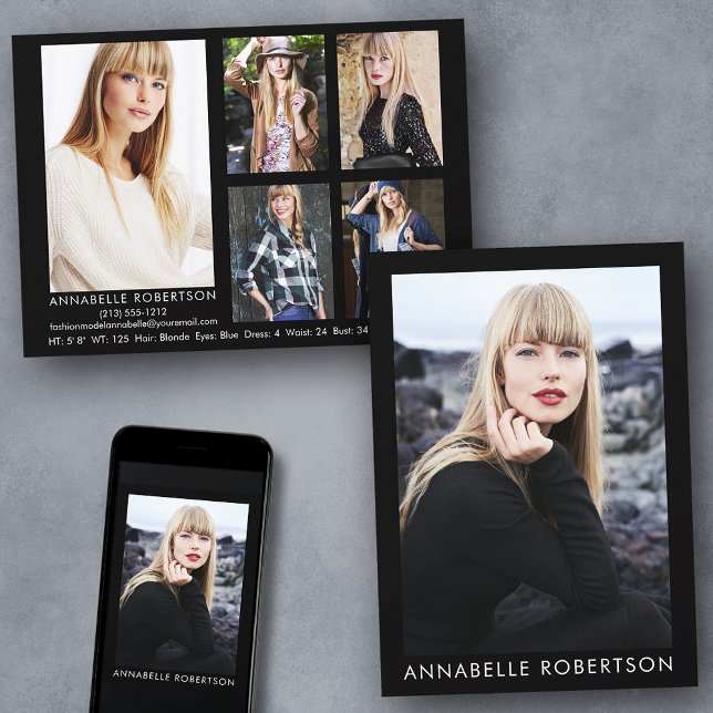 Modern Model Actor 6 Photos Comp Card (Customize to change background color, text size or text style. Available for prints and download.)