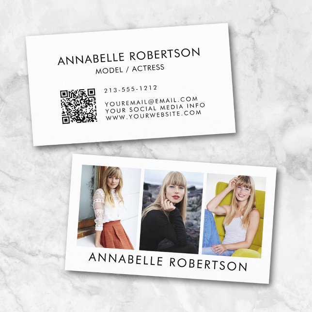 Modern Model and Actor 3 Photo QR Code Business Card (Customize to change background color, text size or style. Add your social media to QR scan code.)