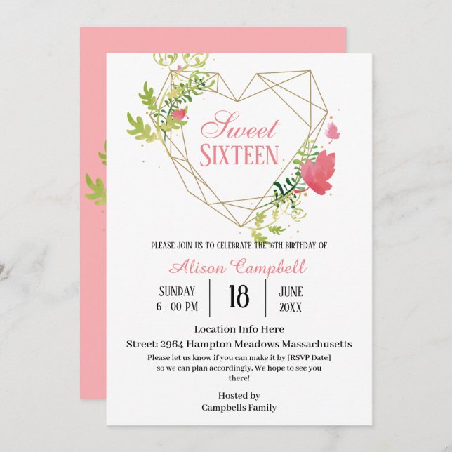 Modern Modern Pink Floral Sweet 16 Birthday Party Invitation (Front/Back)