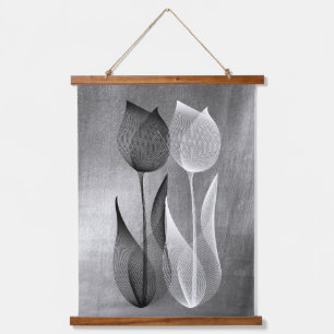 Modern Moiré Effect Tulip Black and White Floral Hanging Tapestry