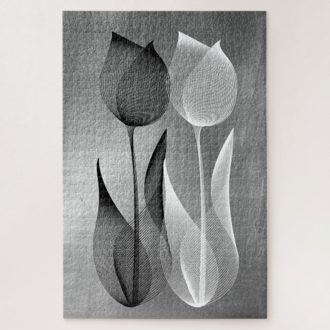   Modern Moiré Effect Tulip Black and White Floral Jigsaw Puzzle (Vertical)