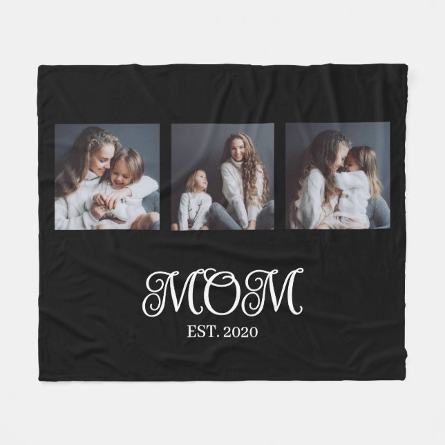 Modern Mom Established Script Black 3 Photo Fleece Blanket (Front (Horizontal))
