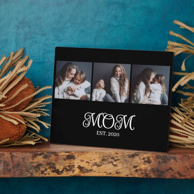 Modern Mom Established Script Black 3 Photo Plaque (Side)