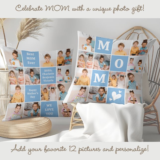 Modern MOM Personalised 12 Photo Collage Blue Cushion (Creator Uploaded)