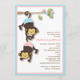 Modern Monkey Twin Girl & Boy Baby Shower Invitation