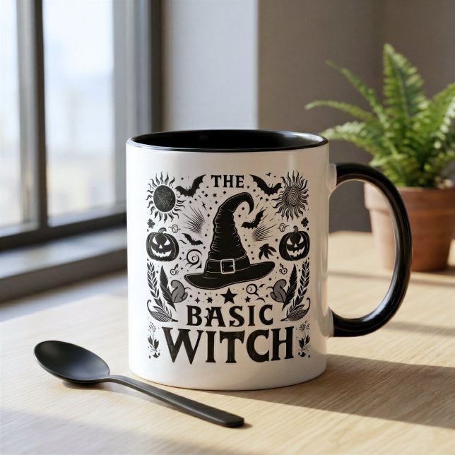 Modern Monochrome Basic Witch Halloween Two-Tone Coffee Mug (Creator Uploaded)