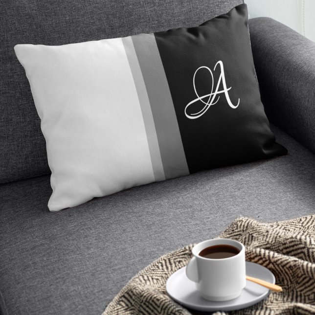 Modern Monochrome Black White Stripes Monogrammed Lumbar Cushion (Creator Uploaded)
