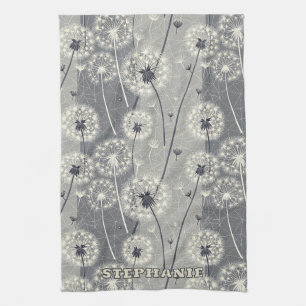 Modern Monochrome Dandelion Tea Towel