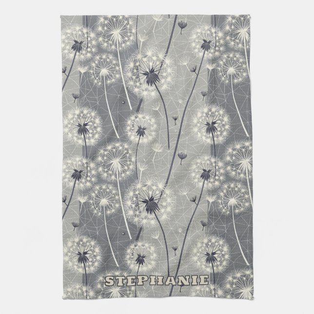 Modern Monochrome Dandelion Tea Towel (Vertical)