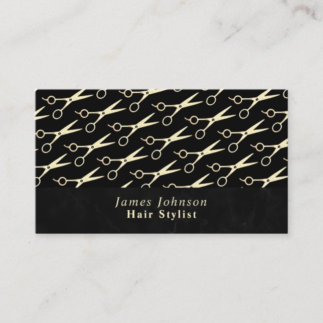 Modern Monochrome Mens Hair Stylist Gold Scissors Business Card (Front)