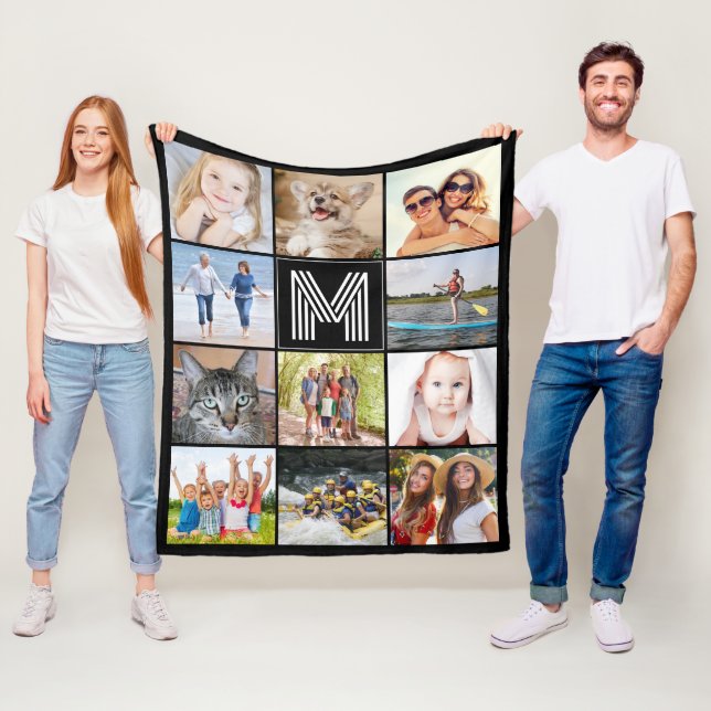 Modern Monogram 11 Photo Collage Custom Colour Fleece Blanket (In Situ)