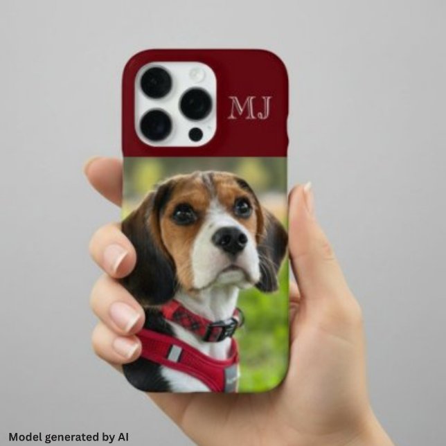 Modern Monogram 1 Photo Burgundy Red iPhone Case (Creator Uploaded)