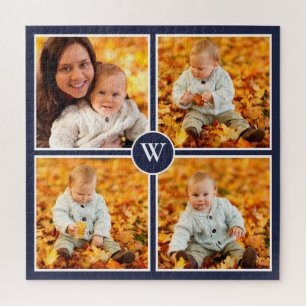 Modern Monogram 4 Photo Collage on Navy Blue Jigsaw Puzzle