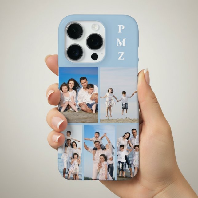 Modern Monogram 5 Photo Collage Baby Blue iPhone Case (Creator Uploaded)