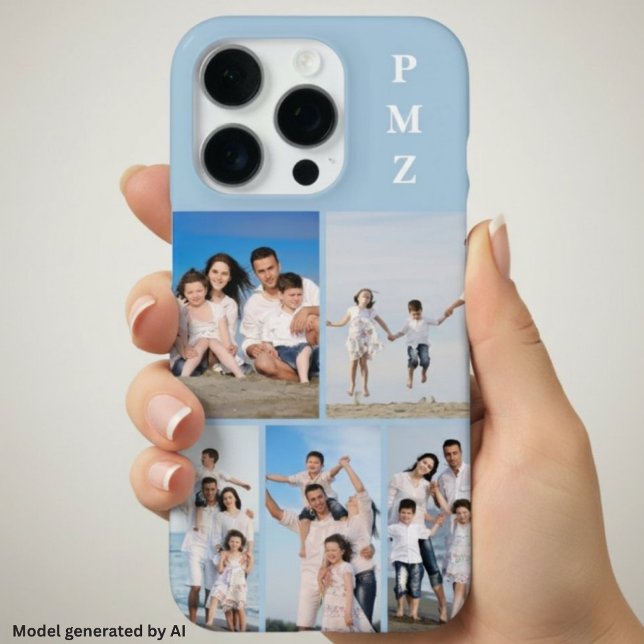 Modern Monogram 5 Photo Collage Baby Blue iPhone Case (Creator Uploaded)