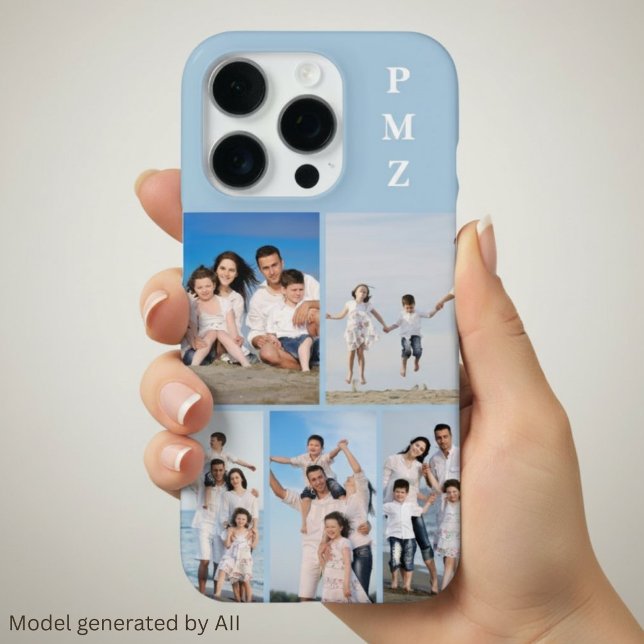 Modern Monogram 5 Photo Collage Baby Blue iPhone Case (Creator Uploaded)