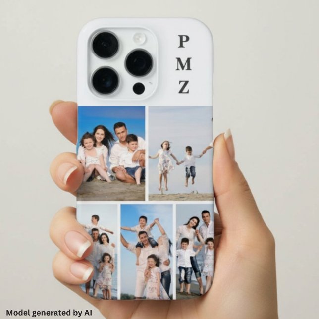 Modern Monogram 5 Photo Collage Cloud Dancer White iPhone Case (Creator Uploaded)
