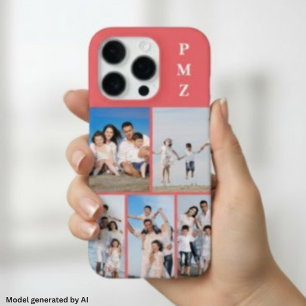 Modern Monogram 5 Photo Collage Coral Pink iPhone 16 Pro Case