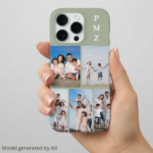 Modern Monogram 5 Photo Collage Sage Green iPhone 16 Pro Case