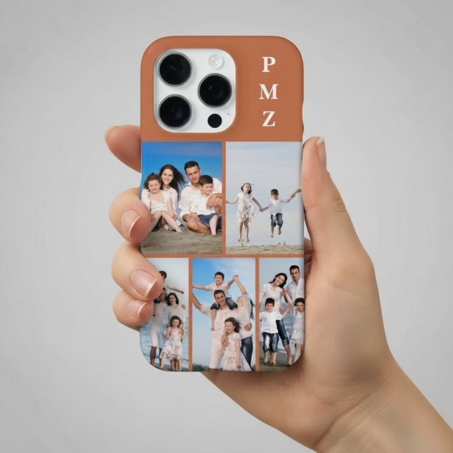 Modern Monogram 5 Photo Collage Terracotta iPhone Case (Creator Uploaded)