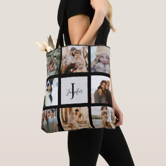 Modern Monogram 8 Photo Collage Custom Name Tote Bag