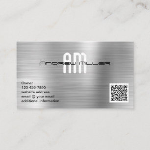 Modern Monogram Add QR Code Faux Brushed Metal Business Card