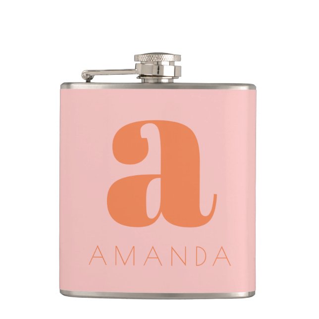 Modern Monogram and Name Pink and Orange Wedding  Hip Flask (Front)