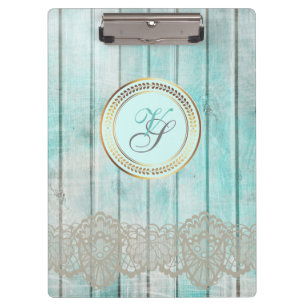 Modern Monogram Antique Pattern Blue Vintage Wood Clipboard