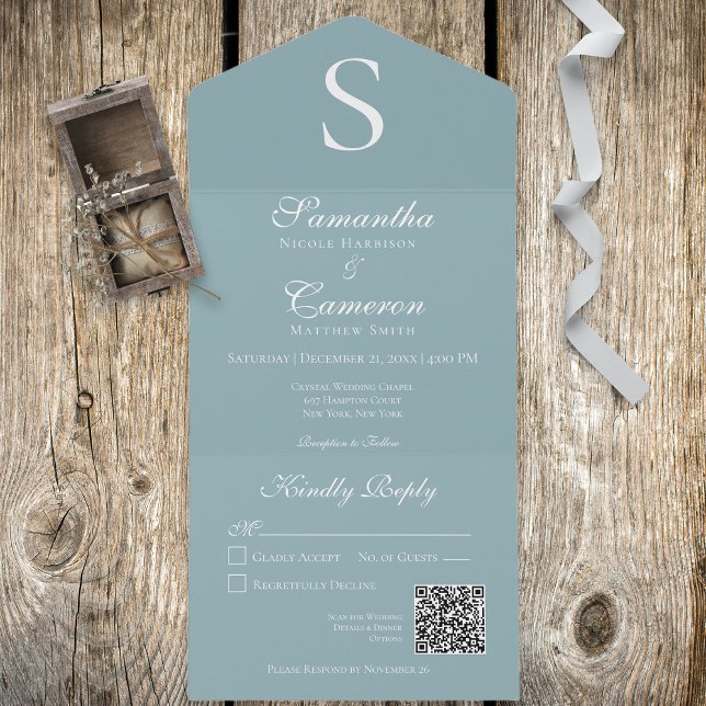 Modern Monogram Aqua Blue QR Code All In One Invitation (Creator Uploaded)