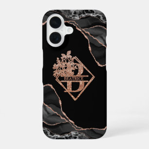 Modern Monogram B Black Agate Marble Rose Gold iPhone 16 Case