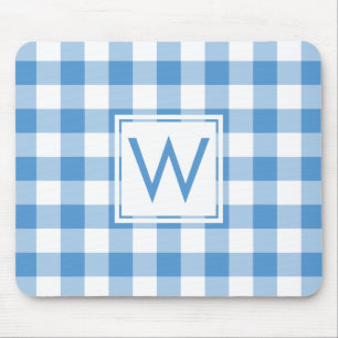 Modern Monogram Baby Blue & White Gingham Pattern Mouse Pad