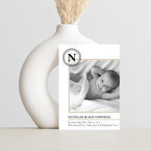 Modern Monogram Baby Boy Birth Announcement Card