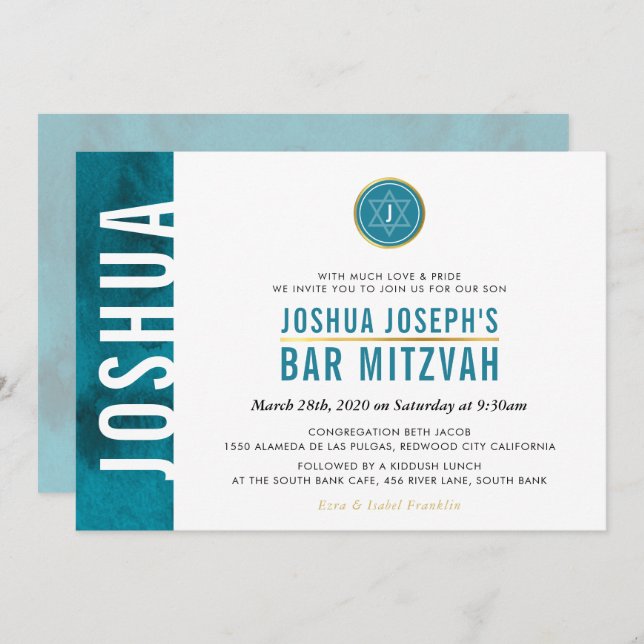 MODERN MONOGRAM BAR MITZVAH side bar teal blue Invitation (Front/Back)