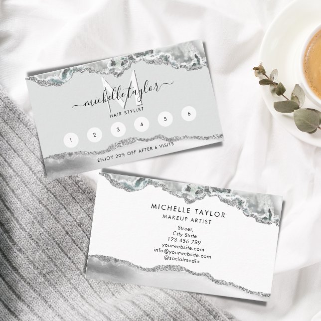Modern Monogram Beauty Makeup Elegant Hair Stylist Business Card (
Modern professional monogram logo collection with a silver agate background
)