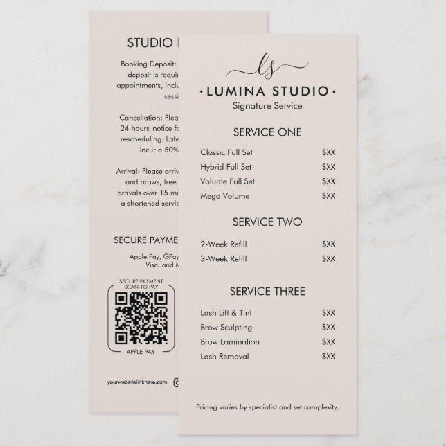 Modern Monogram Beauty Price List Sand Service Menu (Front/Back)