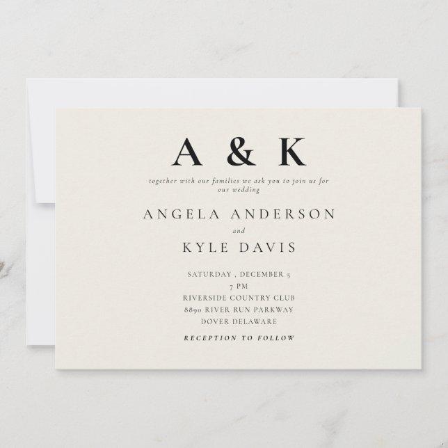 Modern Monogram Beige No Parent Horizontal Wedding Invitation (Front)