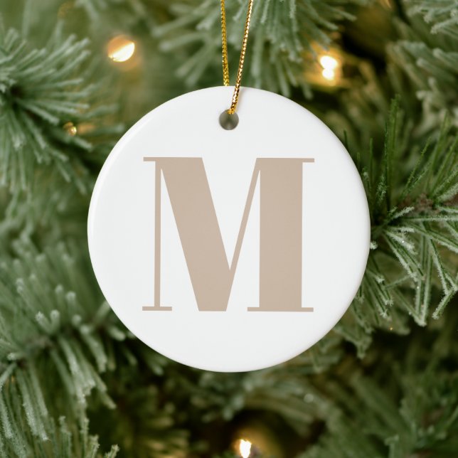 Modern monogram beige white custom initial letter ceramic ornament (Tree)
