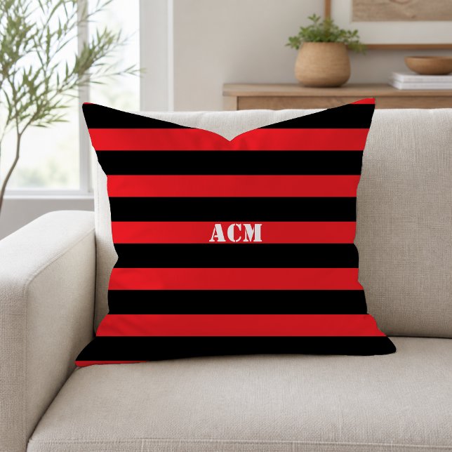 Modern Monogram Black and Red Stripes Cushion (Creator Uploaded)