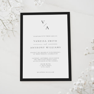 Modern Monogram Black and White Border Wedding Invitation