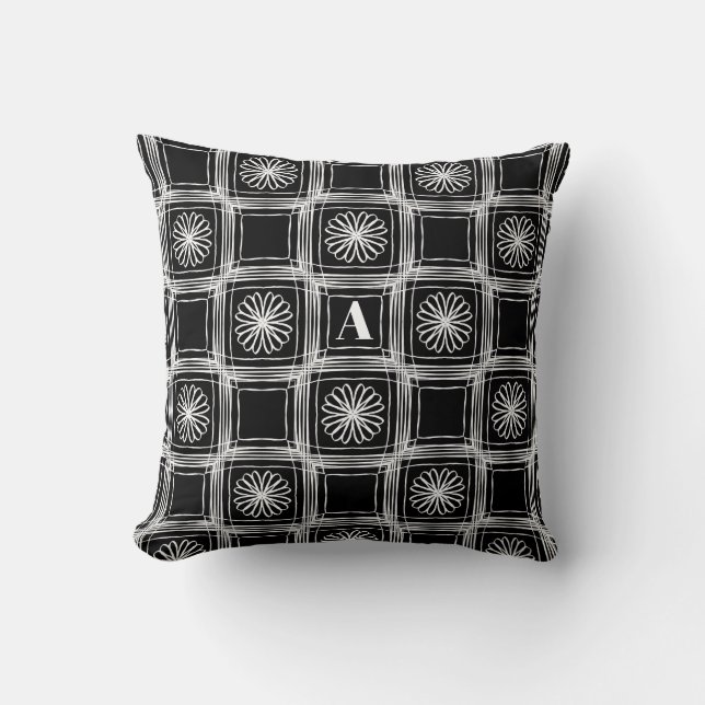 Modern Monogram Black and White Floral Pattern Cushion (Front)