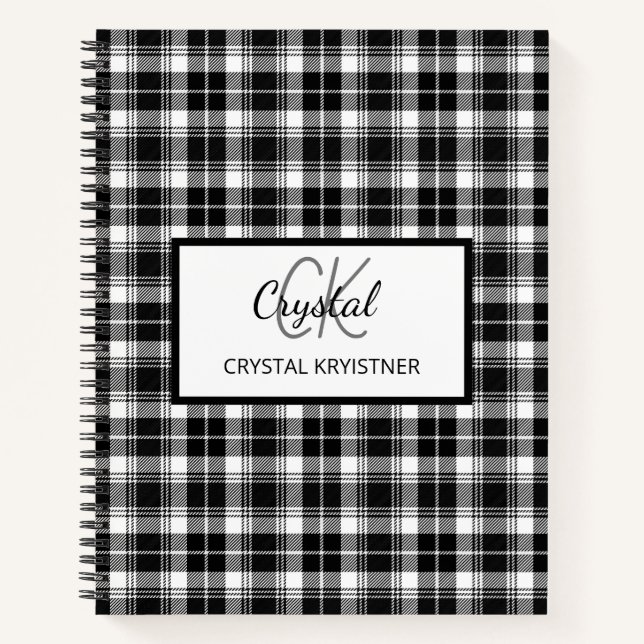 Modern Monogram Black and White Plaid  Notebook (Front)