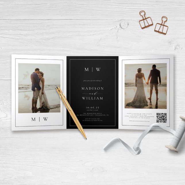 Modern Monogram Black and White Wedding Tri-Fold Programme (Creator Uploaded)