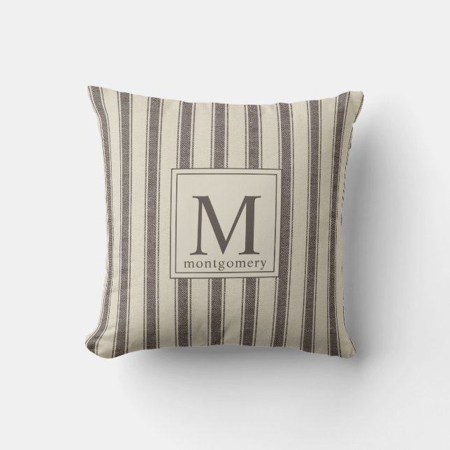 Modern Monogram Black Beige l Farmhouse Ticking  Cushion (Front)