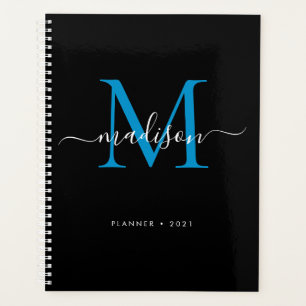 Modern Monogram Black Blue Girly Script Name 2021 Planner