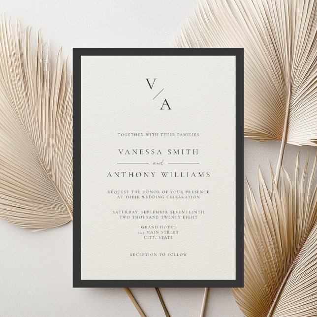 Modern Monogram Black & Ecru Border Wedding Invitation (Creator Uploaded)