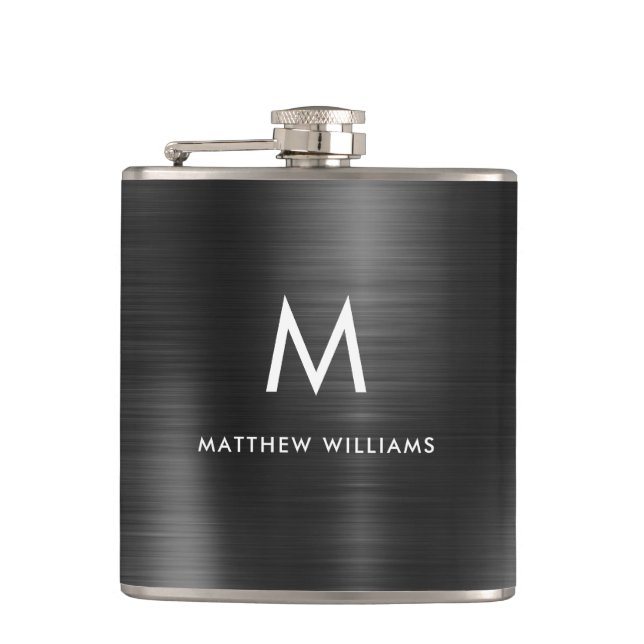 Modern Monogram Black Faux Brushed Steel Metal Hip Flask (Front)
