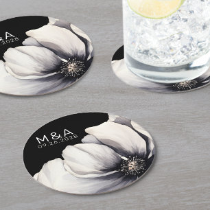 Modern Monogram Black Floral Wedding Round Paper Coaster