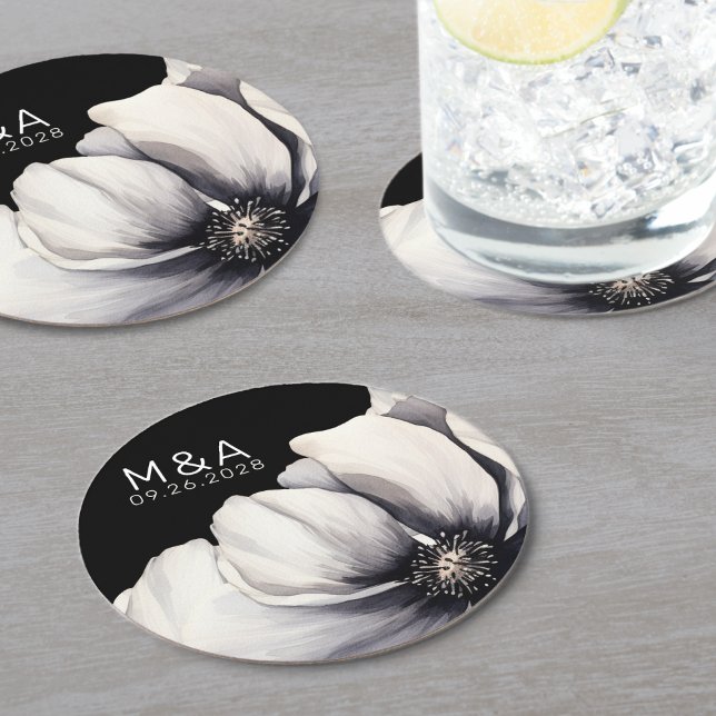 Modern Monogram Black Floral Wedding Round Paper Coaster (Modern Monogram Black Floral Wedding Round Paper Coaster)